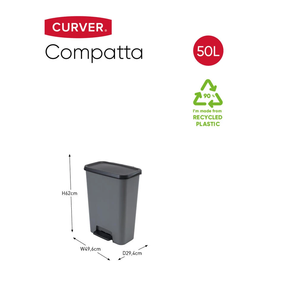 Curver Compatta Prullenbak 50L - Grijs/Zwart 4 Curver Compatta Prullenbak 50L - Grijs/Zwart - Afbeelding 2
