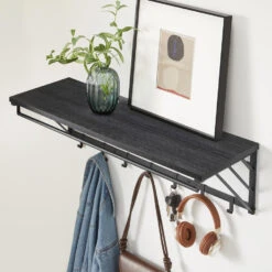 ACAZA Wandkapstok Met Plank En 7 Haken, Metaal En Hout, Zwart -Beste Opslag Winkel 1000034357 0102