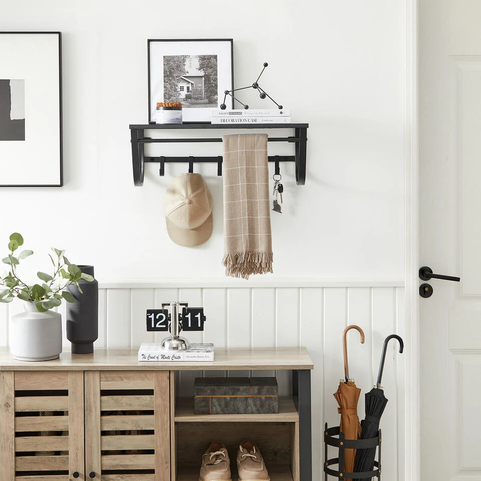 ACAZA Wandkapstok Voor Muur Of Wand Met 5 Haken Met Plank, Zwart, Metaal En Hout 4 ACAZA Wandkapstok Voor Muur Of Wand Met 5 Haken Met Plank, Zwart, Metaal En Hout - Afbeelding 2