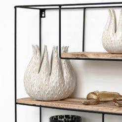 Zwart Metalen Wandrek Met 4 Houten Plankjes - Rechthoek - 55x45x11 Cm -Beste Opslag Winkel 1000038232 0102