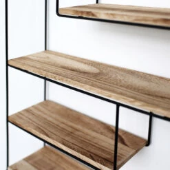 Zwart Metalen Wandrek Met 4 Houten Plankjes - Rechthoek - 55x45x11 Cm -Beste Opslag Winkel 1000038232 0103