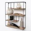 Zwart Metalen Wandrek Met 4 Houten Plankjes - Rechthoek - 55x45x11 Cm