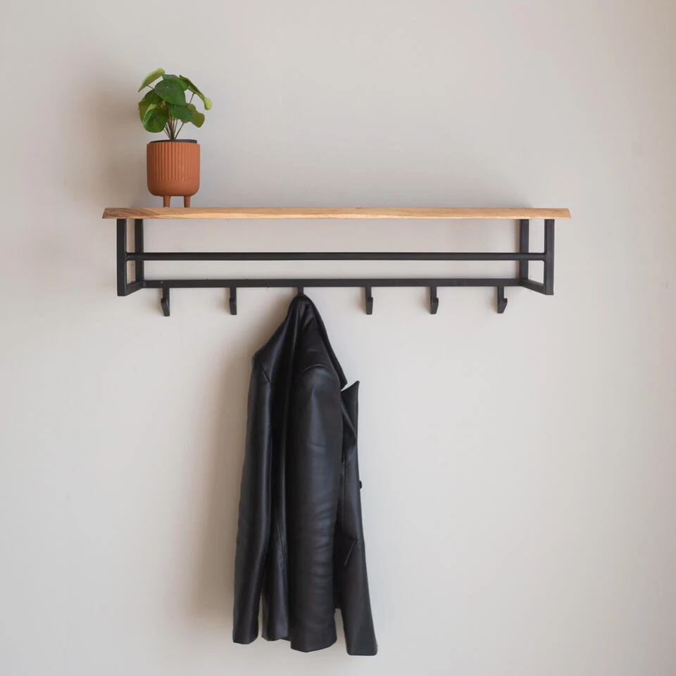 Industriële Kapstok Niels Hoedenplank Acaciahout - 33x100x27 Cm - Hout - Bruin 4 Industriële Kapstok Niels Hoedenplank Acaciahout - 33x100x27 Cm - Hout - Bruin - Afbeelding 2