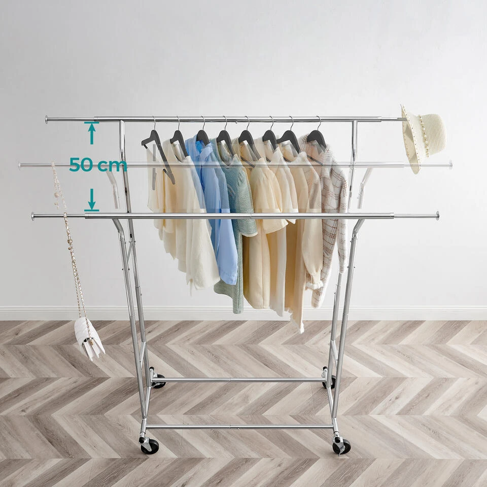 O’DADDY® Kledingrek Dubbel - 4 Wielen - Tot 110kg - Garderoberek - RVS 4 O’DADDY® Kledingrek Dubbel - 4 Wielen - Tot 110kg - Garderoberek - RVS - Afbeelding 2