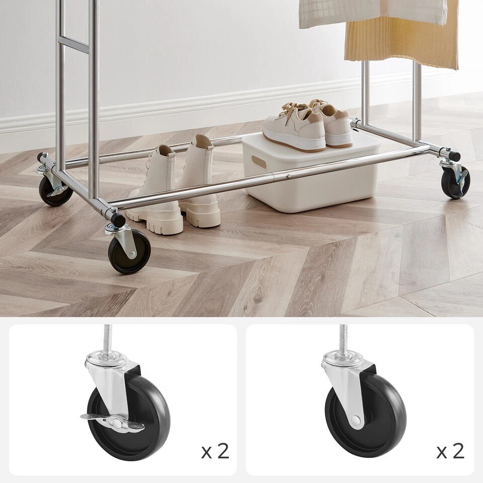 O’DADDY® Kledingrek Dubbel - 4 Wielen - Tot 110kg - Garderoberek - RVS 5 O’DADDY® Kledingrek Dubbel - 4 Wielen - Tot 110kg - Garderoberek - RVS - Afbeelding 3