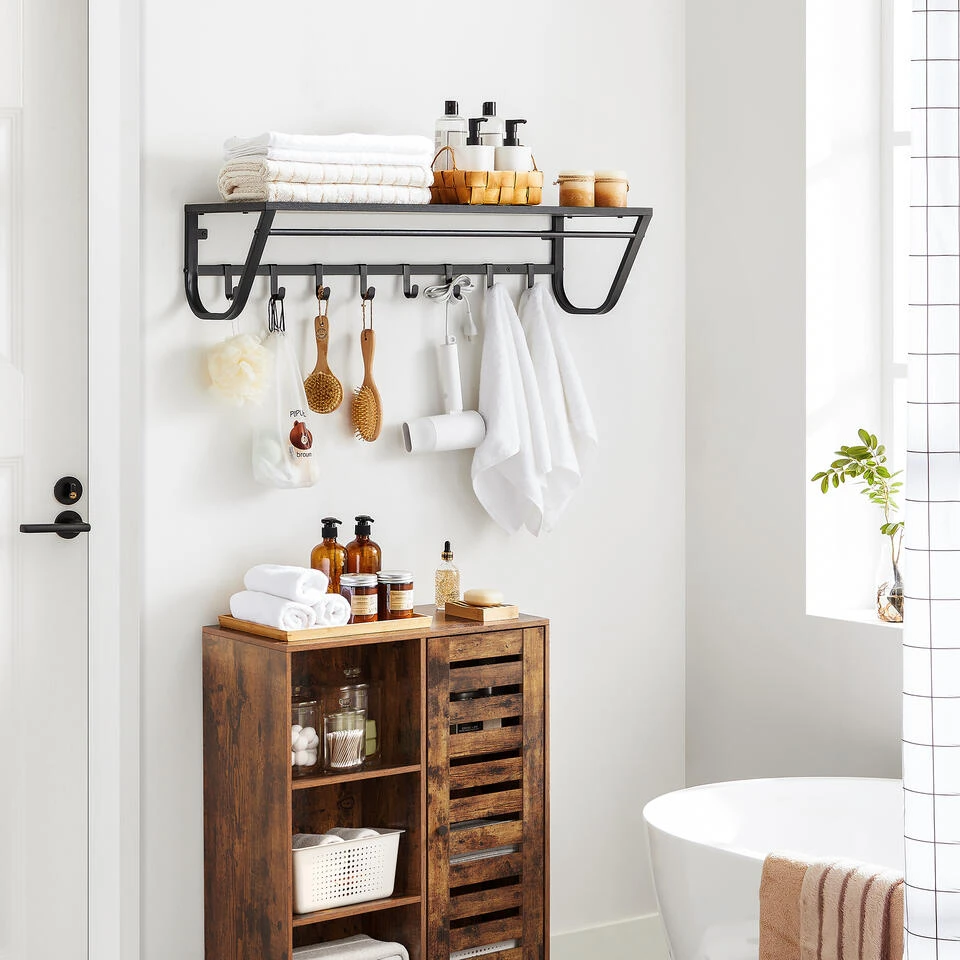 ACAZA Lange Kapstok In Metaal En Hout, 90 Cm Lang, 8 Haken, Hoedenplank, Zwart 4 ACAZA Lange Kapstok In Metaal En Hout, 90 Cm Lang, 8 Haken, Hoedenplank, Zwart - Afbeelding 2