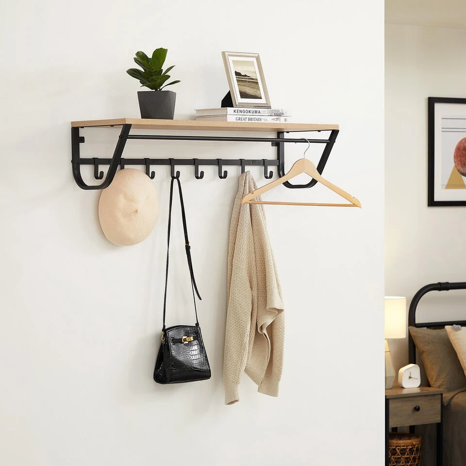 ACAZA Lange Hangende Kapstok - 8 Haken En 1 Bar - 90 Cm Lang - Lichte Eik Kleur 4 ACAZA Lange Hangende Kapstok - 8 Haken En 1 Bar - 90 Cm Lang - Lichte Eik Kleur - Afbeelding 2