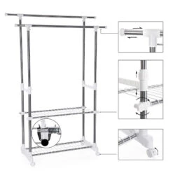 ACAZA Mobiel Kledingrek - Dubbelvoudig - 2 Rails - Zilvergrijs -Beste Opslag Winkel 1000066951 0104