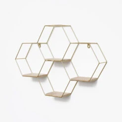 Vierdubbel Zeshoekig Metalen Wandrek Met 4 Houten Plankjes - 40,5x58 Cm - Goud -Beste Opslag Winkel 1000067190 0101