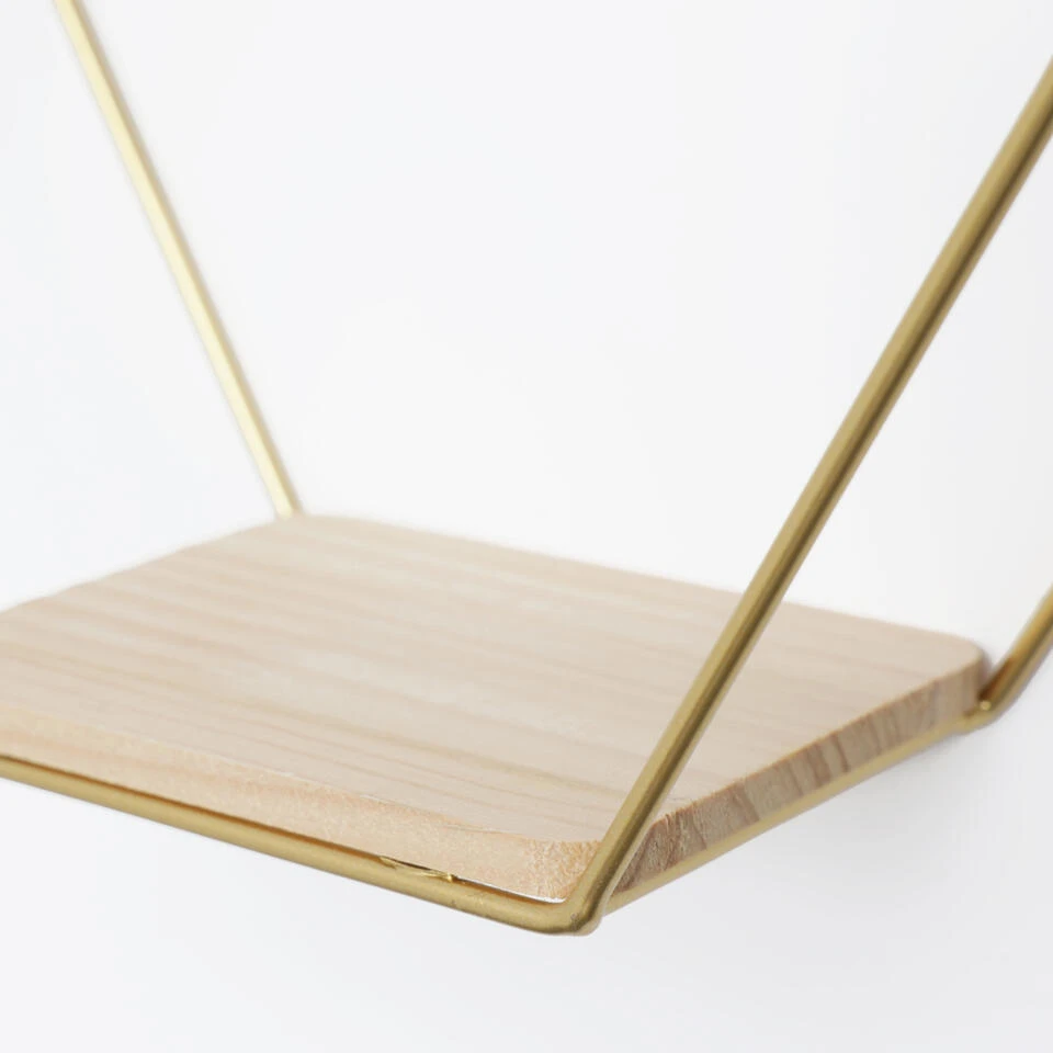 Set Van 3 Zeshoekige Metalen Wandrekjes Met Houten Plankje - Goud 5 Set Van 3 Zeshoekige Metalen Wandrekjes Met Houten Plankje - Goud - Afbeelding 3