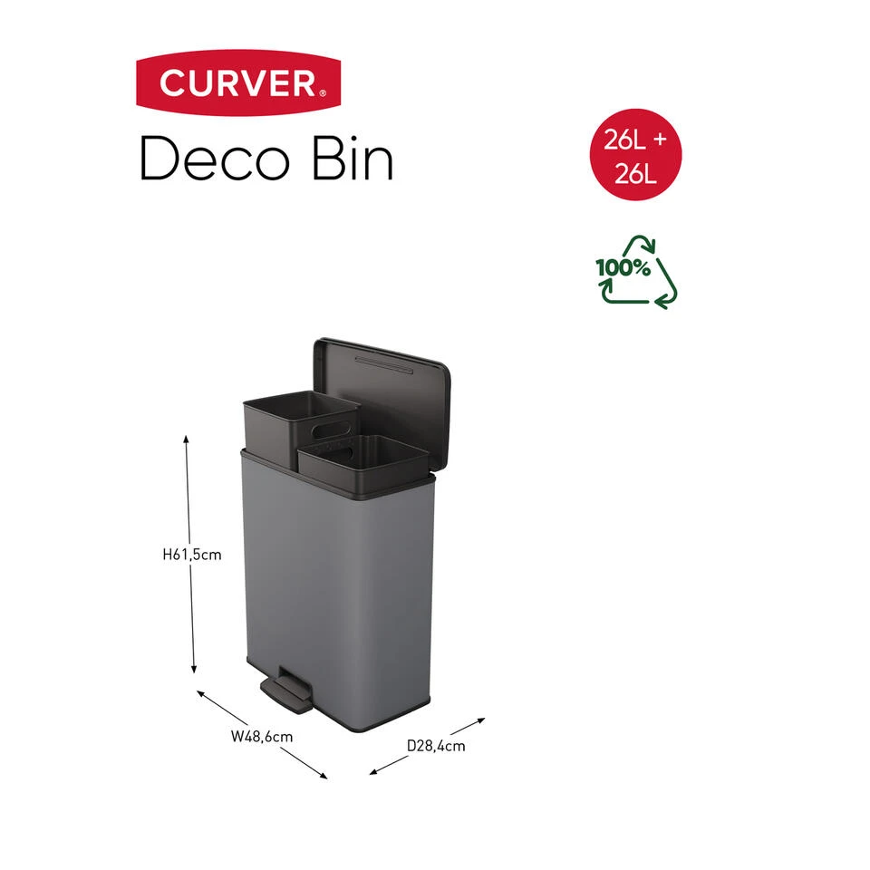 Curver Decobin Duo Prullenbak - 26L+26L - Rechthoekig - Cool Grey 4 Curver Decobin Duo Prullenbak - 26L+26L - Rechthoekig - Cool Grey - Afbeelding 2