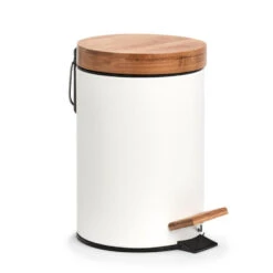 Zeller Pedaalemmer - 3L - Wit - Metaal En Bamboe - 24 Cm