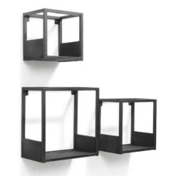 Multifurn - Set Van 3 Industriële Wandplanken - Mango Hout Zwart -Beste Opslag Winkel 1000086290 0103