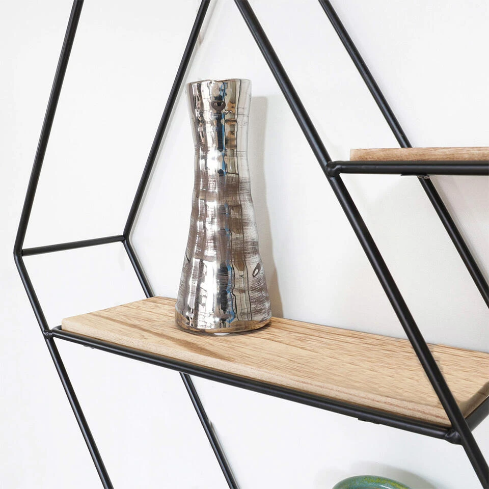 Zwart Metalen Wandrek Met 3 Houten Plankjes - Zeshoek Diagonaal 4 Zwart Metalen Wandrek Met 3 Houten Plankjes - Zeshoek Diagonaal - Afbeelding 2