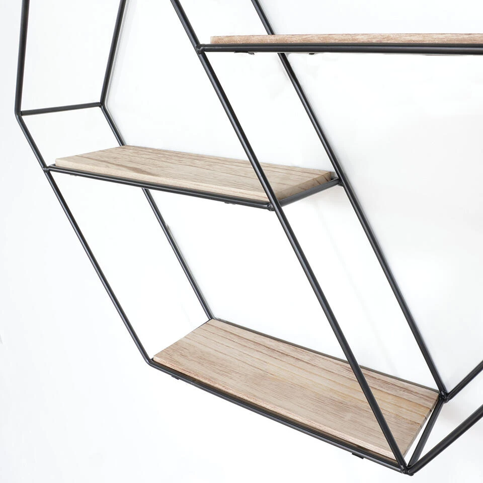Zwart Metalen Wandrek Met 3 Houten Plankjes - Zeshoek Diagonaal 6 Zwart Metalen Wandrek Met 3 Houten Plankjes - Zeshoek Diagonaal - Afbeelding 4