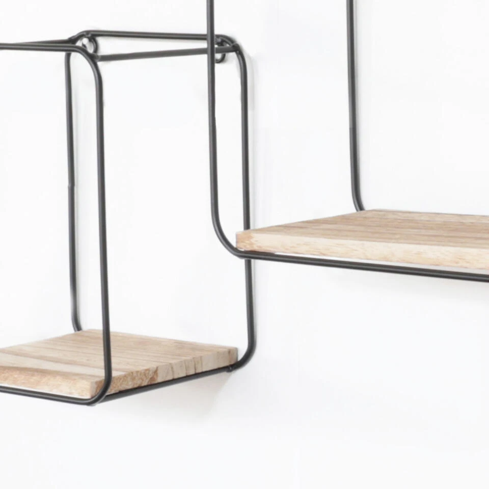 Set Van 4 Rechthoekige Metalen Wandrekjes Met Houten Plankje - Zwart 5 Set Van 4 Rechthoekige Metalen Wandrekjes Met Houten Plankje - Zwart - Afbeelding 3