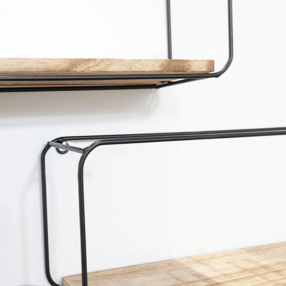 Set Van 4 Rechthoekige Metalen Wandrekjes Met Houten Plankje - Zwart 6 Set Van 4 Rechthoekige Metalen Wandrekjes Met Houten Plankje - Zwart - Afbeelding 4