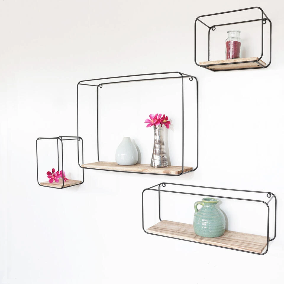 Set Van 4 Rechthoekige Metalen Wandrekjes Met Houten Plankje - Zwart 3 Set Van 4 Rechthoekige Metalen Wandrekjes Met Houten Plankje - Zwart