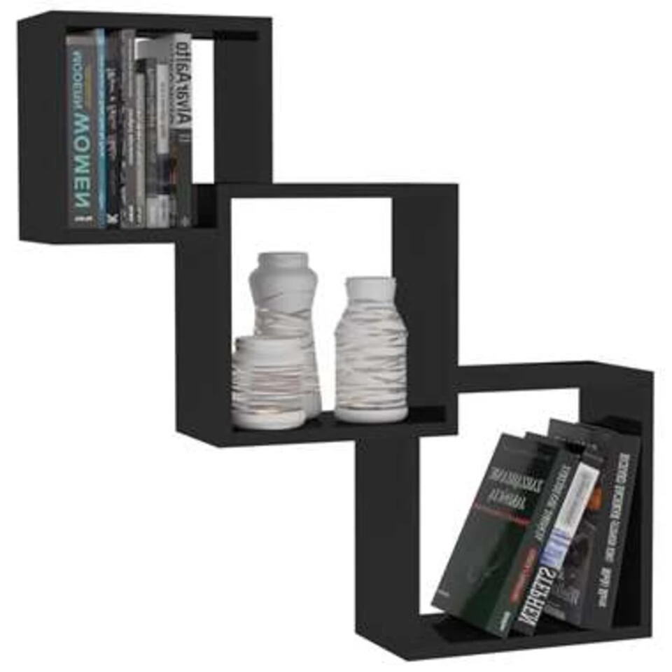 VidaXL Wandschappen Kubus 68x15x68 Cm Bewerkt Hout Hoogglans Zwart 5 VidaXL Wandschappen Kubus 68x15x68 Cm Bewerkt Hout Hoogglans Zwart - Afbeelding 3