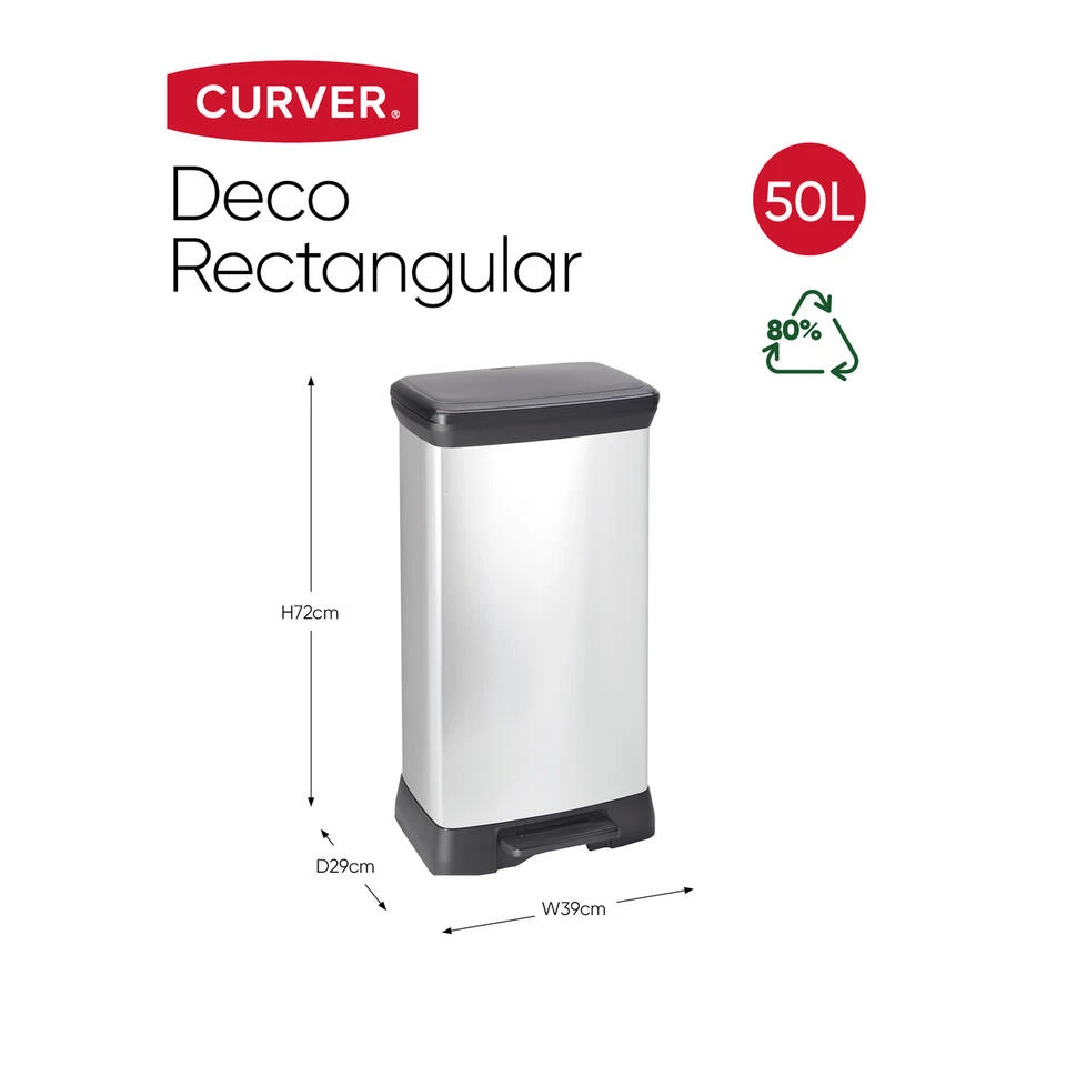 Curver Decobin Prullenbak- 50L - 39x29x72 Cm - Zilver Metallic 4 Curver Decobin Prullenbak- 50L - 39x29x72 Cm - Zilver Metallic - Afbeelding 2