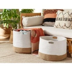 Beliani Mand KAHAN - Wit Katoen, Jute -Beste Opslag Winkel c30604058f884c10854adccf7f0d8479