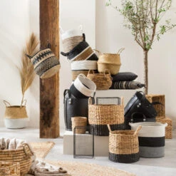 Mand Bologna - Naturel/wit/zwart - 40xØ38 Cm -Beste Opslag Winkel sf 70503529 1060